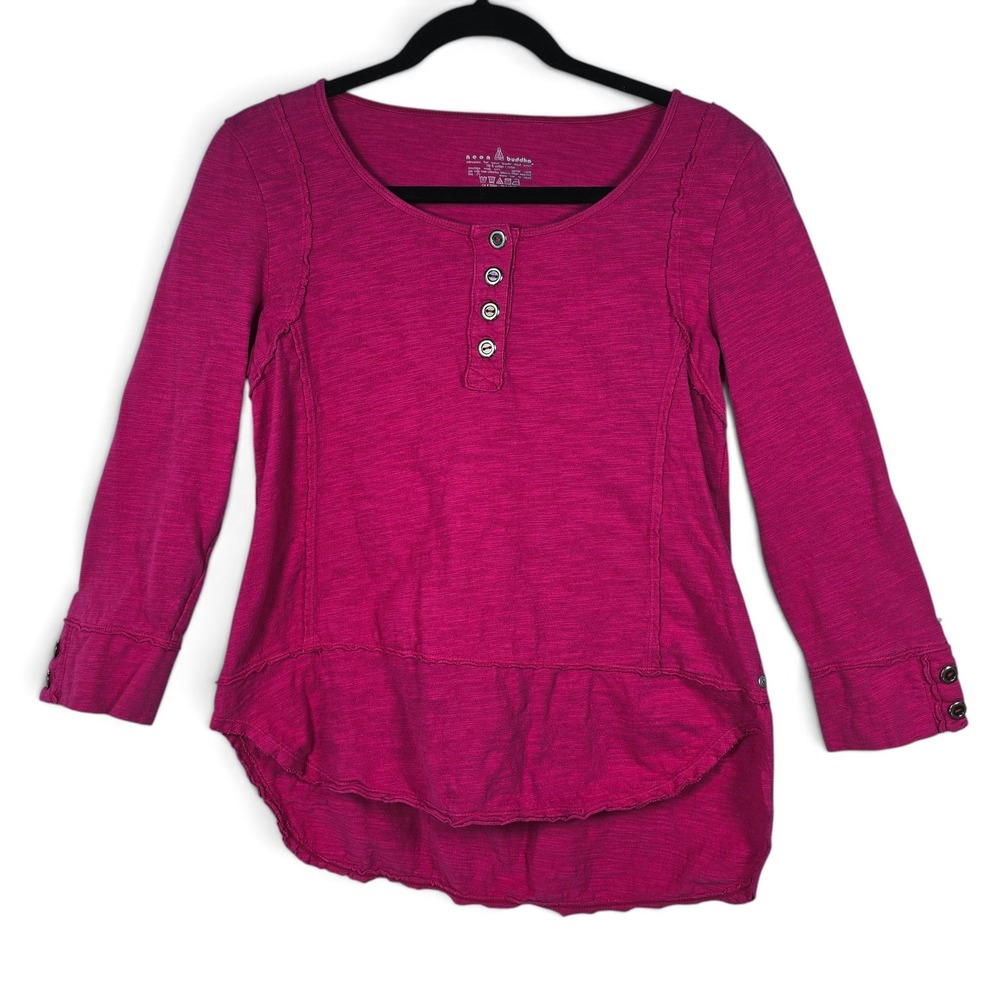 Neon Buddha Top Womens Small Henley Magenta 3/4 Sleeve Cotton Slub High Low